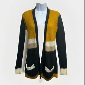Wooden‎ Ships Cardigan Womens S/M Black Yellow Colorblock Mohair Wool Open Front